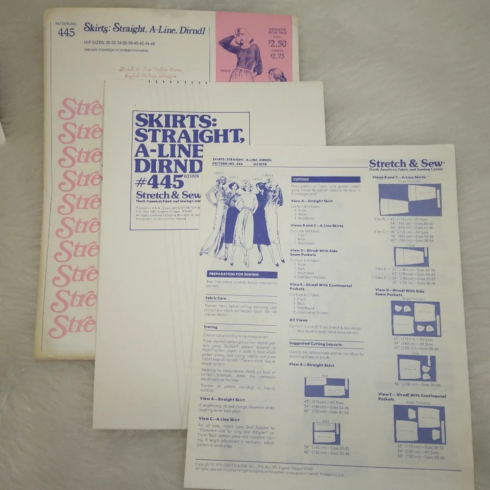 STRETCH & SEW 445 Misses Straight, A-Line, Drindl Skirts, Hip Size 30-46